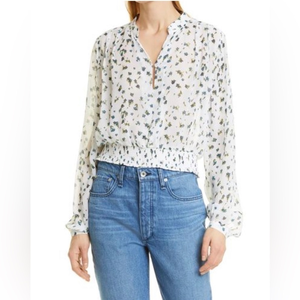 Rag & Bone Calista Sheer Elastic Waist Floral Long Sleeve V-Neck Top Size Xl